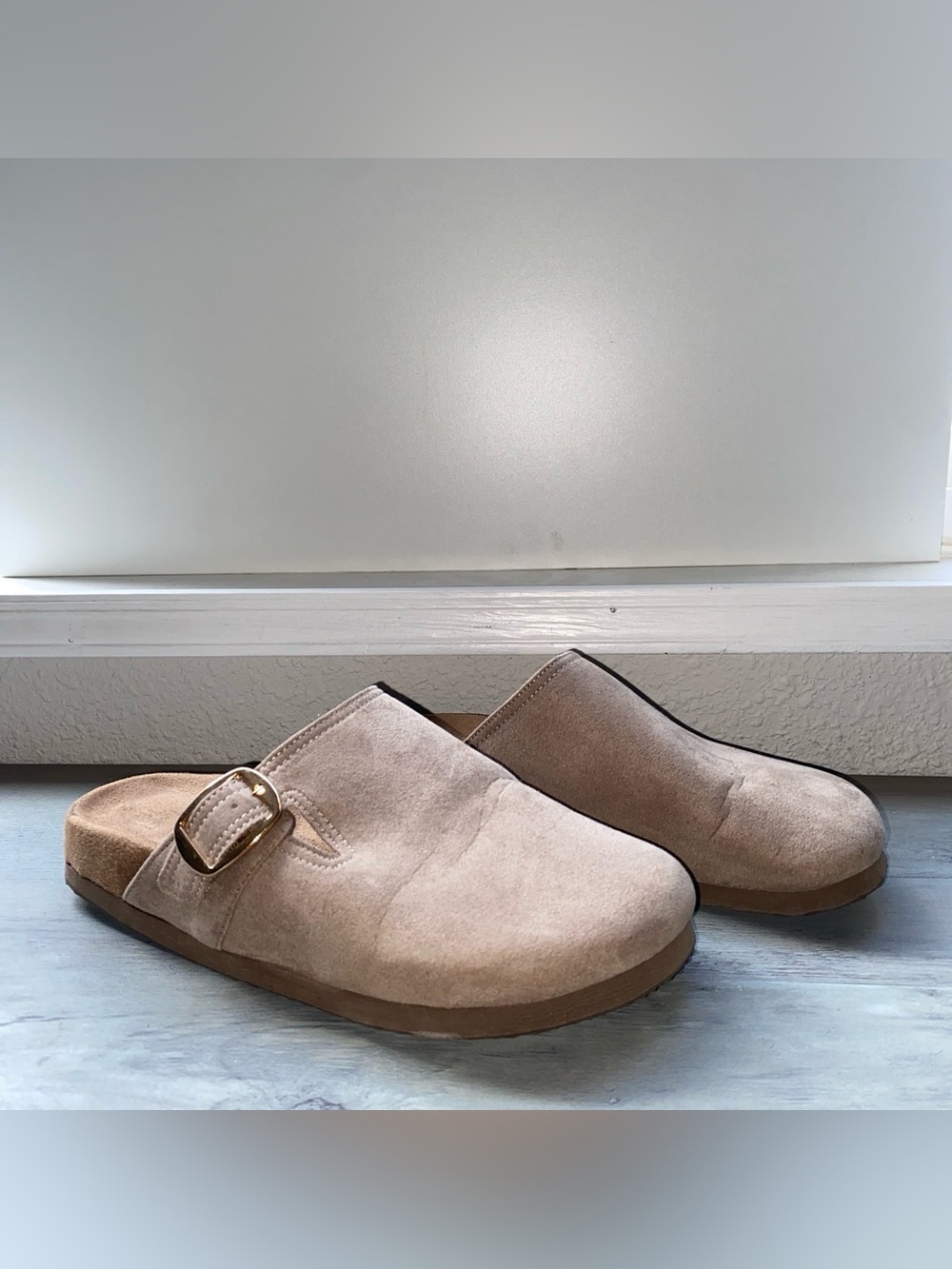 Time and Tru Taupe Suede Slip-On Mules with Gold Buckle